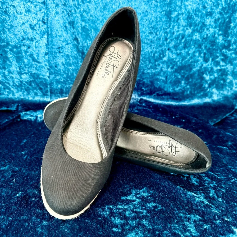 LifeStride Dexflex Black Canvas Cork Wedge‎ Sandals Size 8 Cushion Comfort